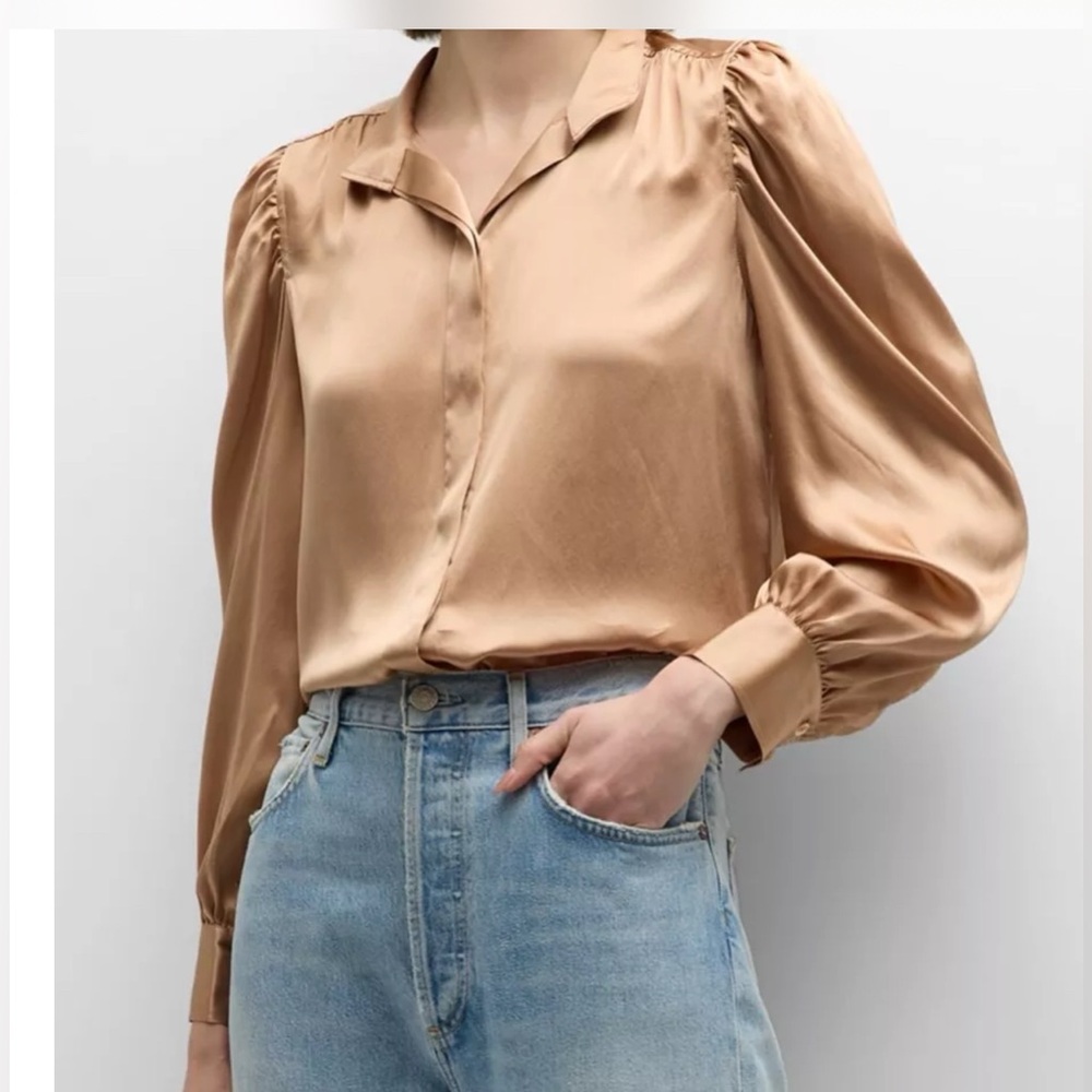 Frame Denim Satin Puff-Sleeve Blouse in Champagne